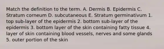 Match the definition to the term. A. Dermis B. Epidermis C. Stratum corneum D. subcutaneous E. Stratum germinativum 1. top sub-layer of <a href='https://www.questionai.com/knowledge/kBFgQMpq6s-the-epidermis' class='anchor-knowledge'>the epidermis</a> 2. bottom sub-layer of the epidermis 3. bottom layer of the skin containing fatty tissue 4. layer of skin containing <a href='https://www.questionai.com/knowledge/kZJ3mNKN7P-blood-vessels' class='anchor-knowledge'>blood vessels</a>, nerves and some glands 5. outer portion of the skin