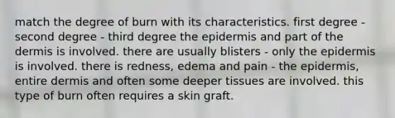 match the degree of burn with its characteristics. first degree - second degree - third degree the epidermis and part of the dermis is involved. there are usually blisters - only the epidermis is involved. there is redness, edema and pain - the epidermis, entire dermis and often some deeper tissues are involved. this type of burn often requires a skin graft.