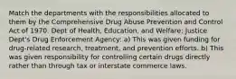 Match the departments with the responsibilities allocated to them by the Comprehensive Drug Abuse Prevention and Control Act of 1970. Dept of Health, Education, and Welfare: Justice Dept's Drug Enforcement Agency: a) This was given funding for drug-related research, treatment, and prevention efforts. b) This was given responsibility for controlling certain drugs directly rather than through tax or interstate commerce laws.