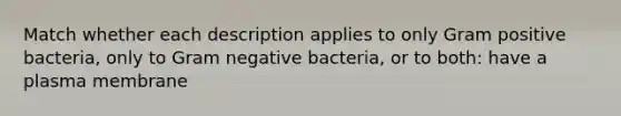 Match whether each description applies to only Gram positive bacteria, only to Gram negative bacteria, or to both: have a plasma membrane