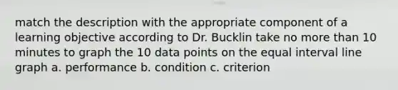 match the description with the appropriate component of a learning objective according to Dr. Bucklin take no more than 10 minutes to graph the 10 data points on the equal interval line graph a. performance b. condition c. criterion