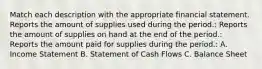 Match each description with the appropriate financial statement. Reports the amount of supplies used during the period.: Reports the amount of supplies on hand at the end of the period.: Reports the amount paid for supplies during the period.: A. Income Statement B. Statement of Cash Flows C. Balance Sheet