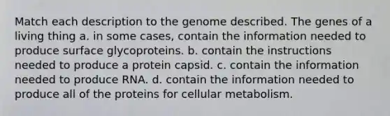 Match each description to the genome described. The genes of a living thing a. in some cases, contain the information needed to produce surface glycoproteins. b. contain the instructions needed to produce a protein capsid. c. contain the information needed to produce RNA. d. contain the information needed to produce all of the proteins for cellular metabolism.