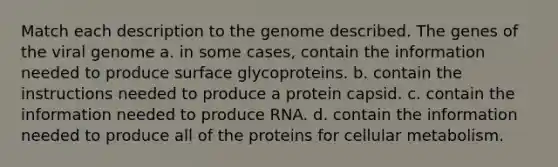 Match each description to the genome described. The genes of the viral genome a. in some cases, contain the information needed to produce surface glycoproteins. b. contain the instructions needed to produce a protein capsid. c. contain the information needed to produce RNA. d. contain the information needed to produce all of the proteins for cellular metabolism.