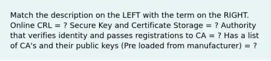 Match the description on the LEFT with the term on the RIGHT. Online CRL = ? Secure Key and Certificate Storage = ? Authority that verifies identity and passes registrations to CA = ? Has a list of CA's and their public keys (Pre loaded from manufacturer) = ?