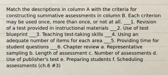 Match the descriptions in column A with the criteria for constructing summative assessments in column B. Each criterion may be used once, more than once, or not at all. ___1. Revision of a test provided in instructional materials ___2. Use of test blueprint ___3. Teaching test-taking skills ___4. Using an adequate number of items for each area ___5. Providing time for student questions ___6. Chapter review a. Representative sampling b. Length of assessment c. Number of assessments d. Use of publisher's test e. Preparing students f. Scheduling assessments (ch.6 #3)