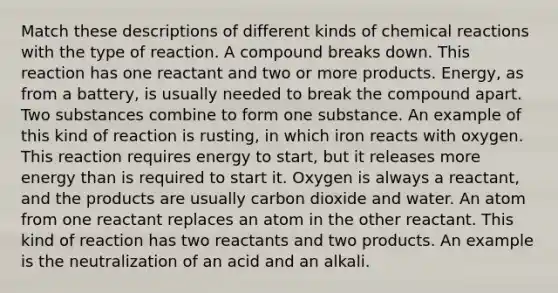 Match these descriptions of different kinds of chemical reactions with the type of reaction. A compound breaks down. This reaction has one reactant and two or more products. Energy, as from a battery, is usually needed to break the compound apart. Two substances combine to form one substance. An example of this kind of reaction is rusting, in which iron reacts with oxygen. This reaction requires energy to start, but it releases more energy than is required to start it. Oxygen is always a reactant, and the products are usually carbon dioxide and water. An atom from one reactant replaces an atom in the other reactant. This kind of reaction has two reactants and two products. An example is the neutralization of an acid and an alkali.