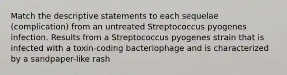 Match the descriptive statements to each sequelae (complication) from an untreated Streptococcus pyogenes infection. Results from a Streptococcus pyogenes strain that is infected with a toxin-coding bacteriophage and is characterized by a sandpaper-like rash