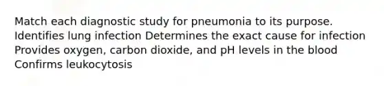 Match each diagnostic study for pneumonia to its purpose. Identifies lung infection Determines the exact cause for infection Provides oxygen, carbon dioxide, and pH levels in the blood Confirms leukocytosis