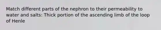 Match different parts of the nephron to their permeability to water and salts: Thick portion of the ascending limb of the loop of Henle