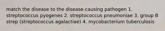 match the disease to the disease-causing pathogen 1. streptococcus pyogenes 2. streptococcus pneumoniae 3. group B strep (streptococcus agalactiae) 4. mycobacterium tuberculosis