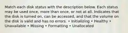 Match each disk status with the description below. Each status may be used once, more than once, or not at all. Indicates that the disk is turned on, can be accessed, and that the volume on the disk is valid and has no errors. • Initializing • Healthy • Unavailable • Missing • Formatting • Unallocated