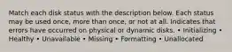 Match each disk status with the description below. Each status may be used once, more than once, or not at all. Indicates that errors have occurred on physical or dynamic disks. • Initializing • Healthy • Unavailable • Missing • Formatting • Unallocated