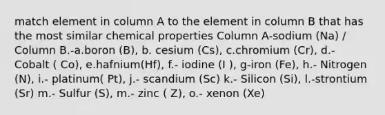 match element in column A to the element in column B that has the most similar chemical properties Column A-sodium (Na) / Column B.-a.boron (B), b. cesium (Cs), c.chromium (Cr), d.- Cobalt ( Co), e.hafnium(Hf), f.- iodine (I ), g-iron (Fe), h.- Nitrogen (N), i.- platinum( Pt), j.- scandium (Sc) k.- Silicon (Si), l.-strontium (Sr) m.- Sulfur (S), m.- zinc ( Z), o.- xenon (Xe)