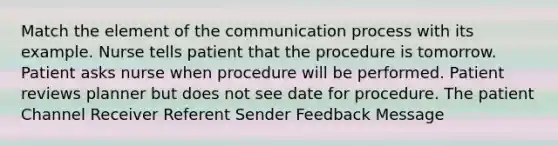 Match the element of the communication process with its example. Nurse tells patient that the procedure is tomorrow. Patient asks nurse when procedure will be performed. Patient reviews planner but does not see date for procedure. The patient Channel Receiver Referent Sender Feedback Message