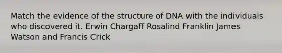 Match the evidence of the structure of DNA with the individuals who discovered it. Erwin Chargaff Rosalind Franklin James Watson and Francis Crick