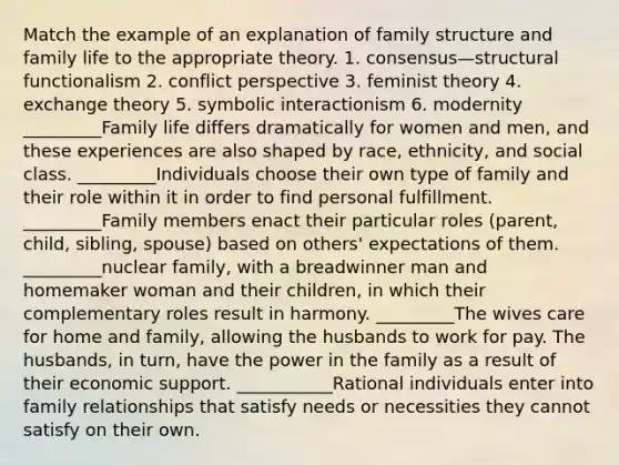 Match the example of an explanation of family structure and family life to the appropriate theory. 1. consensus—structural functionalism 2. conflict perspective 3. feminist theory 4. exchange theory 5. symbolic interactionism 6. modernity _________Family life differs dramatically for women and men, and these experiences are also shaped by race, ethnicity, and social class. _________Individuals choose their own type of family and their role within it in order to find personal fulfillment. _________Family members enact their particular roles (parent, child, sibling, spouse) based on others' expectations of them. _________nuclear family, with a breadwinner man and homemaker woman and their children, in which their complementary roles result in harmony. _________The wives care for home and family, allowing the husbands to work for pay. The husbands, in turn, have the power in the family as a result of their economic support. ___________Rational individuals enter into family relationships that satisfy needs or necessities they cannot satisfy on their own.