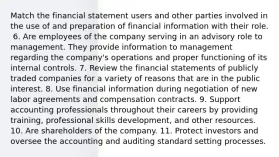 Match the financial statement users and other parties involved in the use of and preparation of financial information with their role. ​ 6. Are employees of the company serving in an advisory role to management. They provide information to management regarding the company's operations and proper functioning of its internal controls. 7. Review the financial statements of publicly traded companies for a variety of reasons that are in the public interest. 8. Use financial information during negotiation of new labor agreements and compensation contracts. 9. Support accounting professionals throughout their careers by providing training, professional skills development, and other resources. 10. Are shareholders of the company. 11. Protect investors and oversee the accounting and auditing standard setting processes.