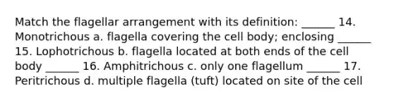 Match the flagellar arrangement with its definition: ______ 14. Monotrichous a. flagella covering the cell body; enclosing ______ 15. Lophotrichous b. flagella located at both ends of the cell body ______ 16. Amphitrichous c. only one flagellum ______ 17. Peritrichous d. multiple flagella (tuft) located on site of the cell