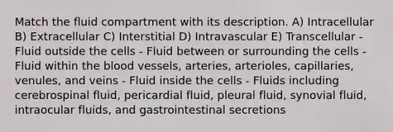 Match the fluid compartment with its description. A) Intracellular B) Extracellular C) Interstitial D) Intravascular E) Transcellular - Fluid outside the cells - Fluid between or surrounding the cells - Fluid within the blood vessels, arteries, arterioles, capillaries, venules, and veins - Fluid inside the cells - Fluids including cerebrospinal fluid, pericardial fluid, pleural fluid, synovial fluid, intraocular fluids, and gastrointestinal secretions