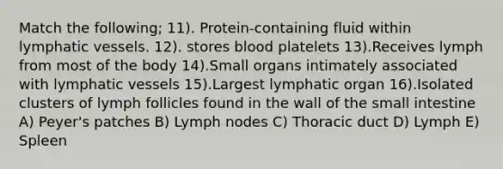 Match the following; 11). Protein-containing fluid within lymphatic vessels. 12). stores blood platelets 13).Receives lymph from most of the body 14).Small organs intimately associated with lymphatic vessels 15).Largest lymphatic organ 16).Isolated clusters of lymph follicles found in the wall of the small intestine A) Peyer's patches B) Lymph nodes C) Thoracic duct D) Lymph E) Spleen