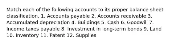 Match each of the following accounts to its proper balance sheet classification. 1. <a href='https://www.questionai.com/knowledge/kWc3IVgYEK-accounts-payable' class='anchor-knowledge'>accounts payable</a> 2. Accounts receivable 3. Accumulated depreciation 4. Buildings 5. Cash 6. Goodwill 7. Income taxes payable 8. Investment in long-term bonds 9. Land 10. Inventory 11. Patent 12. Supplies