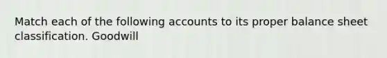 Match each of the following accounts to its proper balance sheet classification. Goodwill