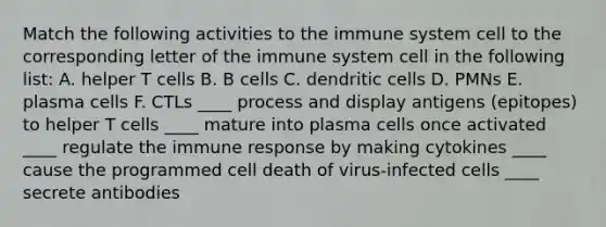 Match the following activities to the immune system cell to the corresponding letter of the immune system cell in the following list: A. helper T cells B. B cells C. dendritic cells D. PMNs E. plasma cells F. CTLs ____ process and display antigens (epitopes) to helper T cells ____ mature into plasma cells once activated ____ regulate the immune response by making cytokines ____ cause the programmed cell death of virus-infected cells ____ secrete antibodies