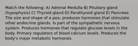 Match the following: A) Adrenal Medulla B) Pituitary gland (hypophysis) C) Thyroid gland D) Parathyroid gland E) Pancreas The size and shape of a pea; produces hormones that stimulate other endocrine glands. Is part of the sympathetic nervous system. Produces hormones that regulate glucose levels in the body. Primary regulators of blood calcium levels. Produces the body's major metabolic hormones.