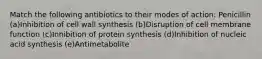 Match the following antibiotics to their modes of action: Penicillin (a)Inhibition of cell wall synthesis (b)Disruption of cell membrane function (c)Inhibition of protein synthesis (d)Inhibition of nucleic acid synthesis (e)Antimetabolite