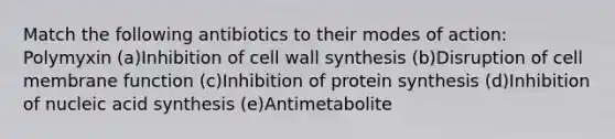 Match the following antibiotics to their modes of action: Polymyxin (a)Inhibition of cell wall synthesis (b)Disruption of cell membrane function (c)Inhibition of protein synthesis (d)Inhibition of nucleic acid synthesis (e)Antimetabolite