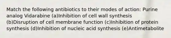 Match the following antibiotics to their modes of action: Purine analog Vidarabine (a)Inhibition of cell wall synthesis (b)Disruption of cell membrane function (c)Inhibition of protein synthesis (d)Inhibition of nucleic acid synthesis (e)Antimetabolite