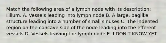 Match the following area of a lymph node with its description: Hilum. A. Vessels leading into lymph node B. A large, baglike structure leading into a number of small sinuses C. The indented region on the concave side of the node leading into the efferent vessels D. Vessels leaving the lymph node E. I DON'T KNOW YET