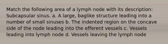 Match the following area of a lymph node with its description: Subcapsular sinus. a. A large, baglike structure leading into a number of small sinuses b. The indented region on the concave side of the node leading into the efferent vessels c. Vessels leading into lymph node d. Vessels leaving the lymph node