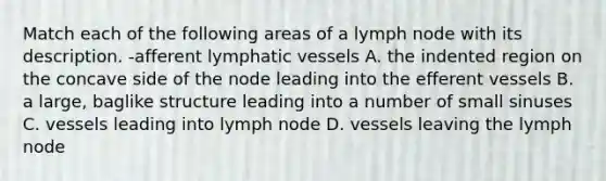 Match each of the following areas of a lymph node with its description. -afferent lymphatic vessels A. the indented region on the concave side of the node leading into the efferent vessels B. a large, baglike structure leading into a number of small sinuses C. vessels leading into lymph node D. vessels leaving the lymph node