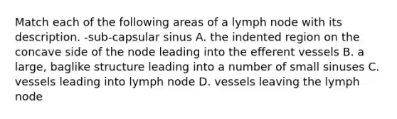 Match each of the following areas of a lymph node with its description. -sub-capsular sinus A. the indented region on the concave side of the node leading into the efferent vessels B. a large, baglike structure leading into a number of small sinuses C. vessels leading into lymph node D. vessels leaving the lymph node