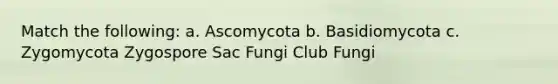 Match the following: a. Ascomycota b. Basidiomycota c. Zygomycota Zygospore Sac Fungi Club Fungi