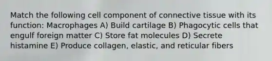 Match the following cell component of connective tissue with its function: Macrophages A) Build cartilage B) Phagocytic cells that engulf foreign matter C) Store fat molecules D) Secrete histamine E) Produce collagen, elastic, and reticular fibers