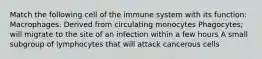 Match the following cell of the immune system with its function: Macrophages. Derived from circulating monocytes Phagocytes; will migrate to the site of an infection within a few hours A small subgroup of lymphocytes that will attack cancerous cells