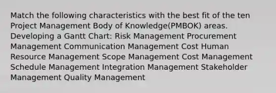 Match the following characteristics with the best fit of the ten Project Management Body of Knowledge(PMBOK) areas. Developing a Gantt Chart: Risk Management Procurement Management Communication Management Cost Human Resource Management Scope Management Cost Management Schedule Management Integration Management Stakeholder Management Quality Management