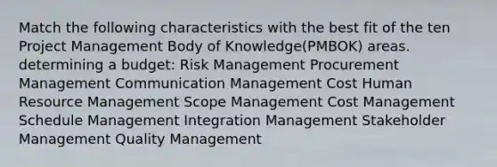 Match the following characteristics with the best fit of the ten Project Management Body of Knowledge(PMBOK) areas. determining a budget: Risk Management Procurement Management Communication Management Cost Human Resource Management Scope Management Cost Management Schedule Management Integration Management Stakeholder Management Quality Management