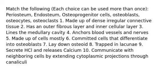 Match the following (Each choice can be used more than once): Periosteum, Endosteum, Osteoprogenitor cells, osteoblasts, osteocytes, osteoclasts 1. Made up of dense irregular connective tissue 2. Has an outer fibrous layer and inner cellular layer 3. Lines the medullary cavity 4. Anchors blood vessels and nerves 5. Made up of cells mostly 6. Committed cells that differentiate into osteoblasts 7. Lay down osteoid 8. Trapped in lacunae 9. Secrete HCl and releases Calcium 10. Communicate with neighboring cells by extending cytoplasmic projections through canaliculi