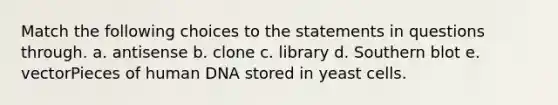 Match the following choices to the statements in questions through. a. antisense b. clone c. library d. Southern blot e. vectorPieces of human DNA stored in yeast cells.