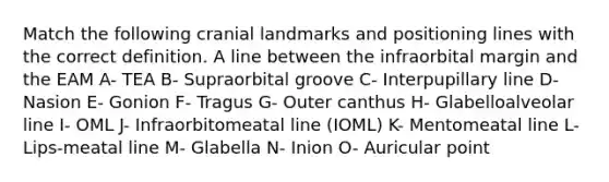 Match the following cranial landmarks and positioning lines with the correct definition. A line between the infraorbital margin and the EAM A- TEA B- Supraorbital groove C- Interpupillary line D- Nasion E- Gonion F- Tragus G- Outer canthus H- Glabelloalveolar line I- OML J- Infraorbitomeatal line (IOML) K- Mentomeatal line L- Lips-meatal line M- Glabella N- Inion O- Auricular point