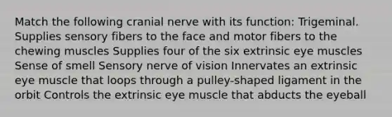 Match the following cranial nerve with its function: Trigeminal. Supplies sensory fibers to the face and motor fibers to the chewing muscles Supplies four of the six extrinsic eye muscles Sense of smell Sensory nerve of vision Innervates an extrinsic eye muscle that loops through a pulley-shaped ligament in the orbit Controls the extrinsic eye muscle that abducts the eyeball