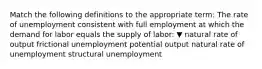 Match the following definitions to the appropriate​ term: The rate of unemployment consistent with full employment at which the demand for labor equals the supply of​ labor: ▼ natural rate of output frictional unemployment potential output natural rate of unemployment structural unemployment