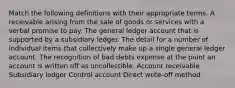 Match the following definitions with their appropriate terms. A receivable arising from the sale of goods or services with a verbal promise to pay. The general ledger account that is supported by a subsidiary ledger. The detail for a number of individual items that collectively make up a single general ledger account. The recognition of bad debts expense at the point an account is written off as uncollectible. Account receivable Subsidiary ledger Control account Direct write-off method