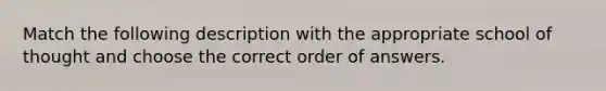 Match the following description with the appropriate school of thought and choose the correct order of answers.