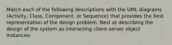 Match each of the following descriptions with the UML diagrams (Activity, Class, Component, or Sequence) that provides the best representation of the design problem. Best at describing the design of the system as interacting client-server object instances: