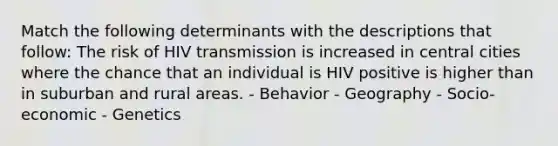 Match the following determinants with the descriptions that follow: The risk of HIV transmission is increased in central cities where the chance that an individual is HIV positive is higher than in suburban and rural areas. - Behavior - Geography - Socio-economic - Genetics